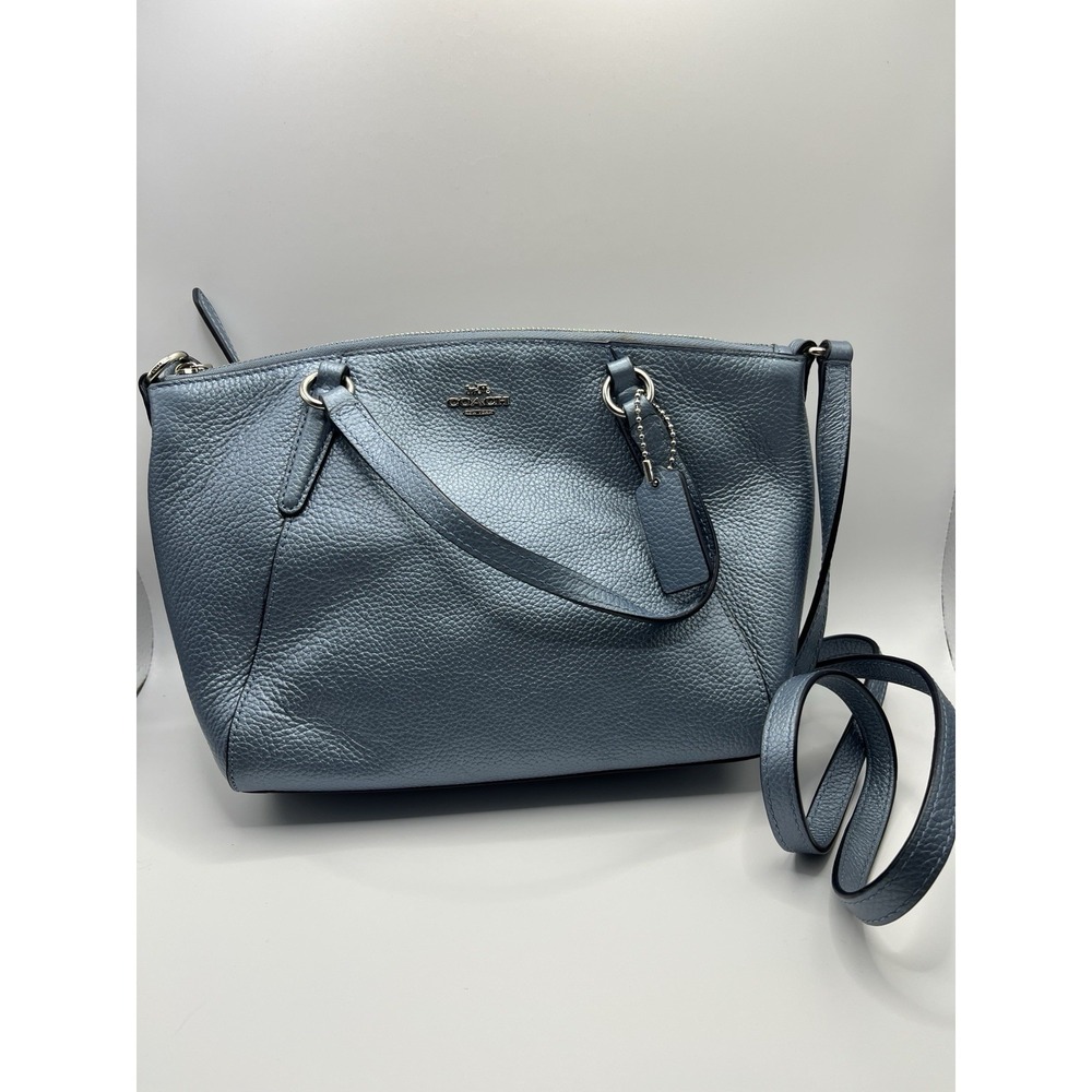 Coach Metallic Blue Pebbled Leather Shoulder Bag Tote Silver Hardware Zip